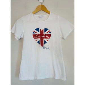 Harrods Womens White Union Jack Heart Short Sleeve Tee Size Small Embellishment